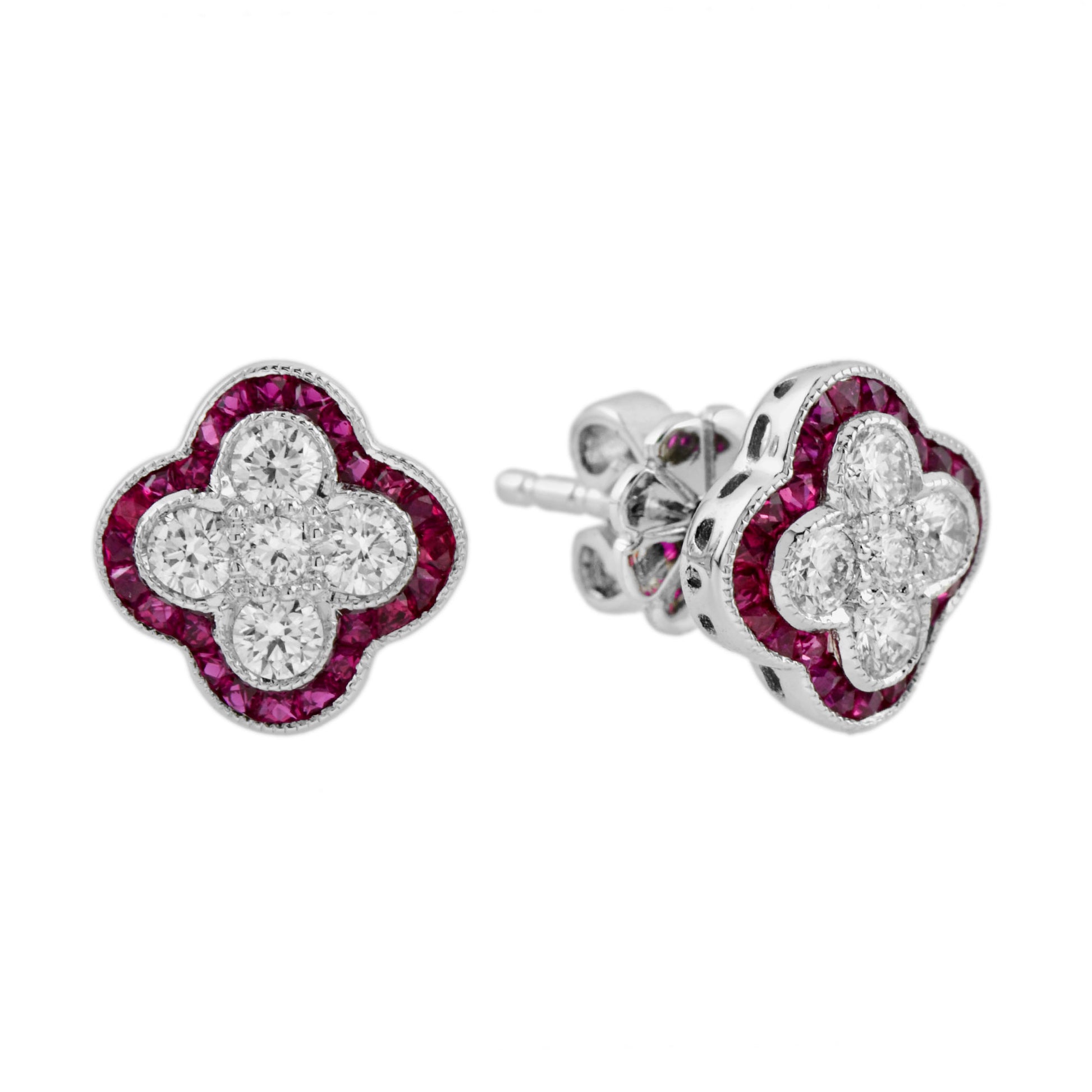 Diamond Ruby Art Deco Style Floral Cluster Ring & Earring Lover White Gold Set