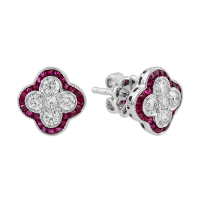 Diamond Ruby Art Deco Style Floral Cluster Ring & Earring Lover White Gold Set