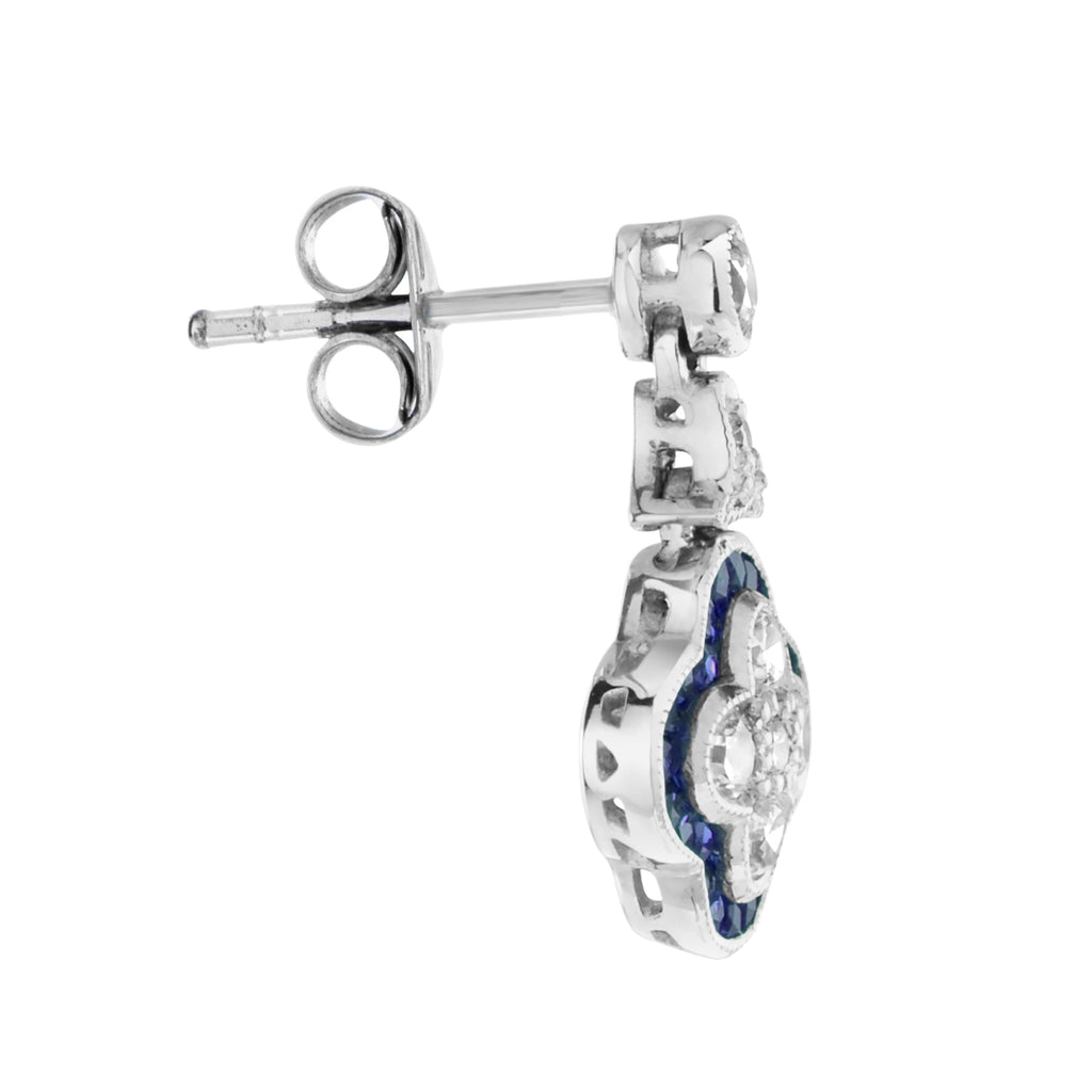 Diamond & Blue Sapphire Halo Art Deco Style Clover Cluster White Gold Earrings