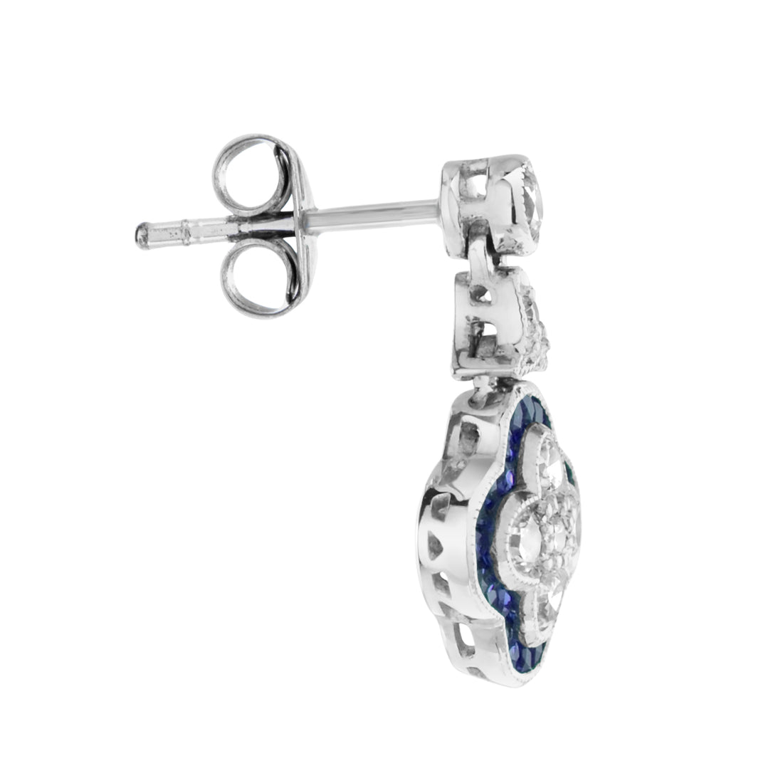Diamond &amp; Blue Sapphire Halo Art Deco Style Clover Cluster White Gold Earrings