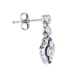 Diamond & Blue Sapphire Halo Art Deco Style Clover Cluster White Gold Earrings
