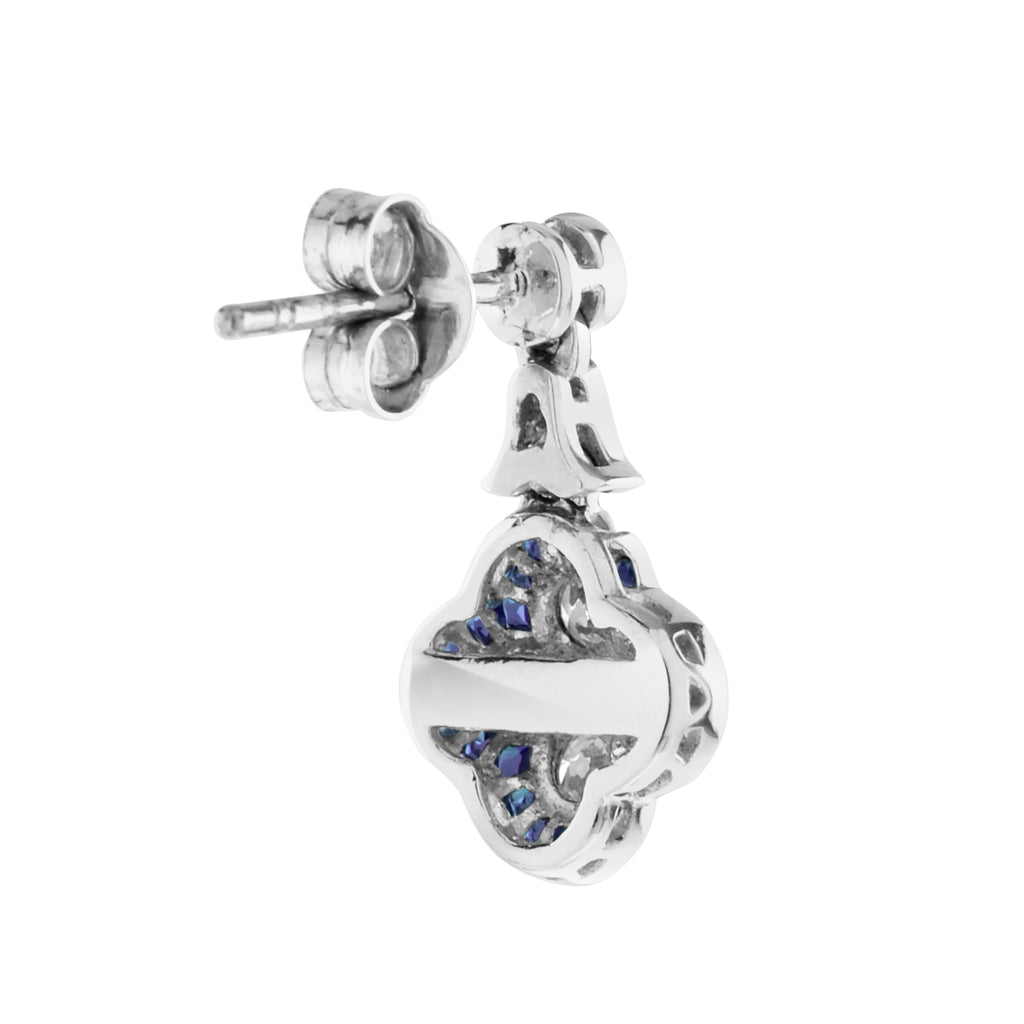 Diamond & Blue Sapphire Halo Art Deco Style Clover Cluster White Gold Earrings