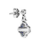 Diamond & Blue Sapphire Halo Art Deco Style Clover Cluster White Gold Earrings