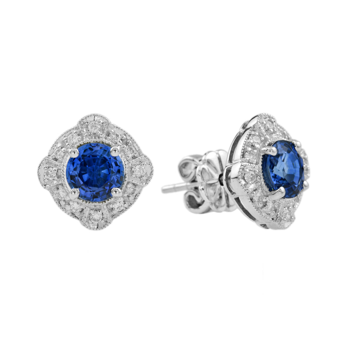 Round Blue Ceylon Sapphire & Diamond Art Deco Style Stud 18K White Gold Earrings