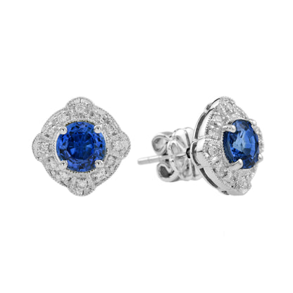Round Blue Ceylon Sapphire &amp; Diamond Art Deco Style Stud 18K White Gold Earrings