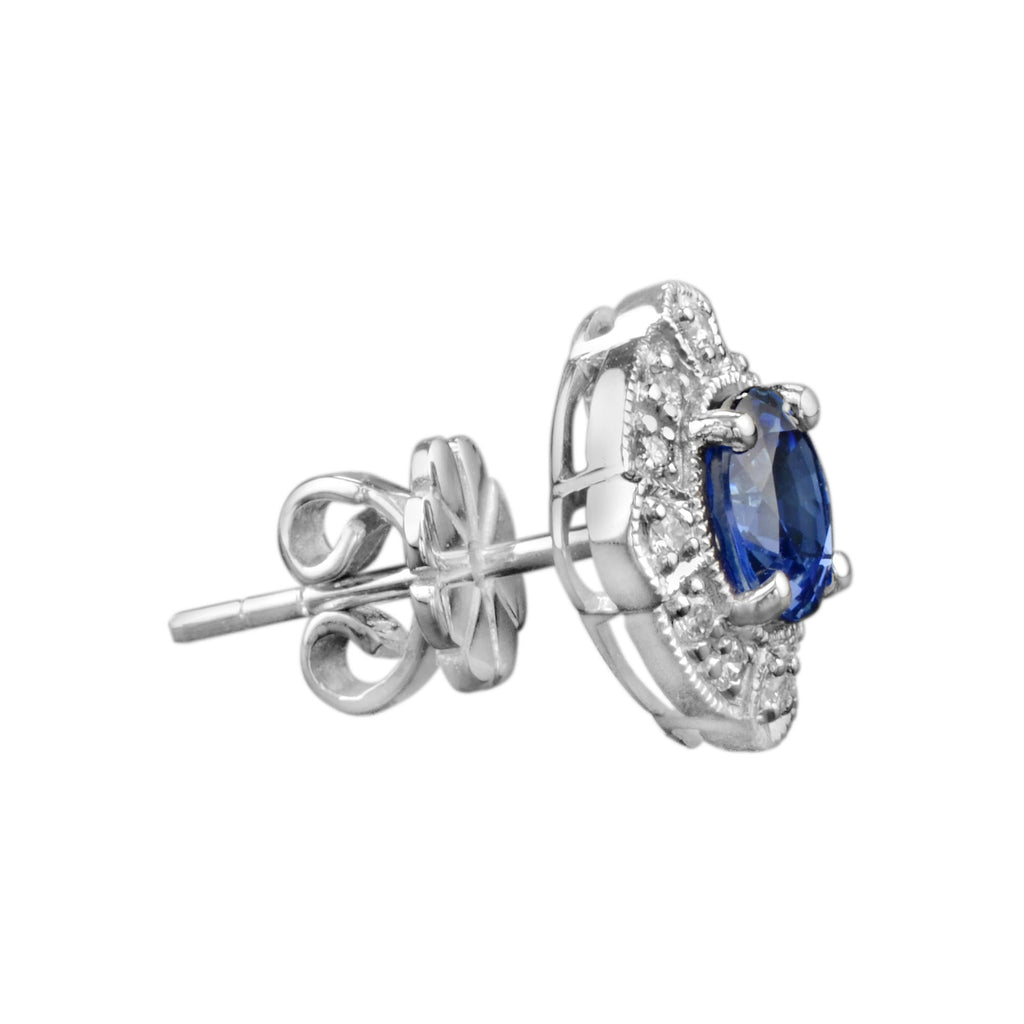 Round Blue Ceylon Sapphire & Diamond Art Deco Style Stud 18K White Gold Earrings