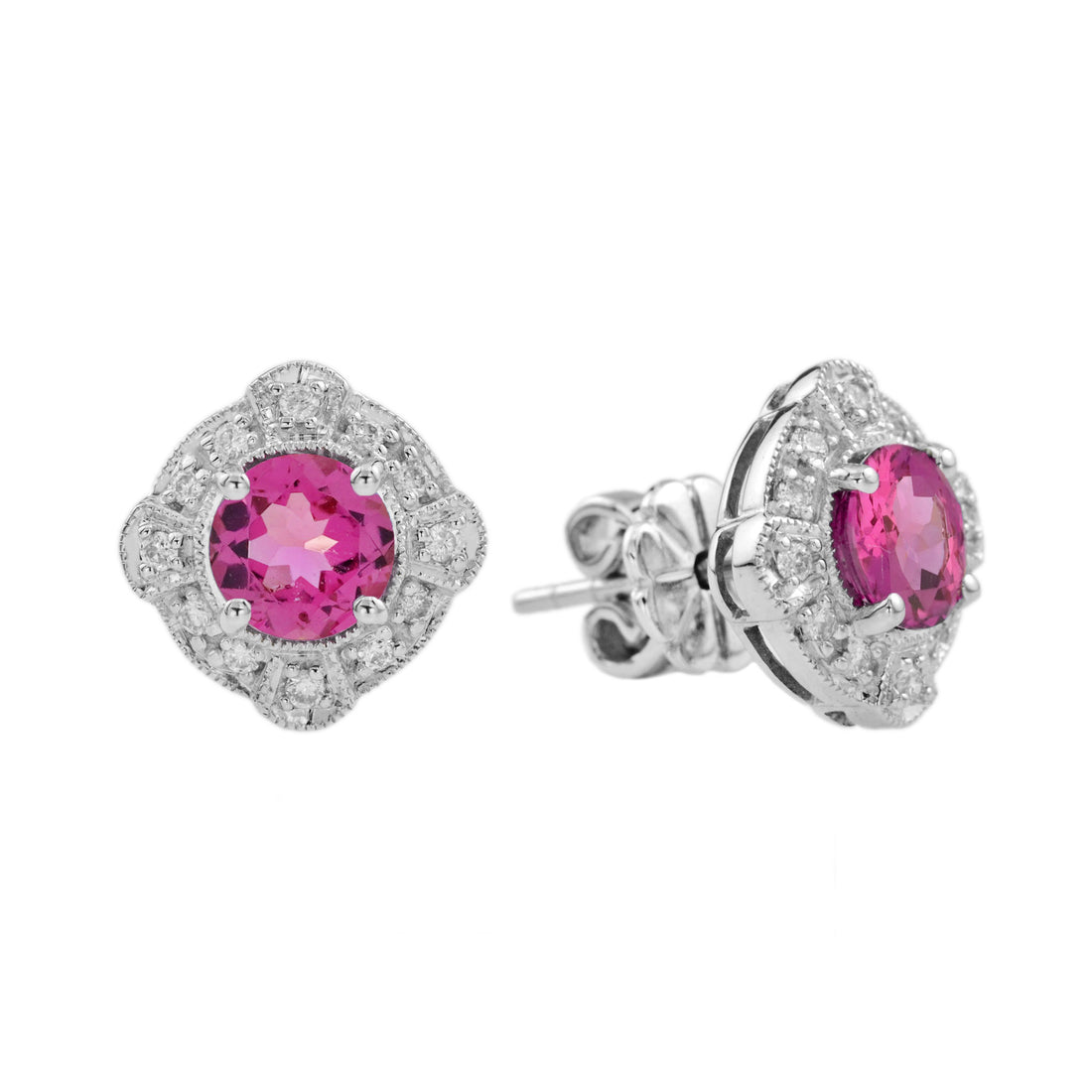 Round Pink Tourmaline & Diamond Halo Set Vintage Style Stud White Gold Earrings