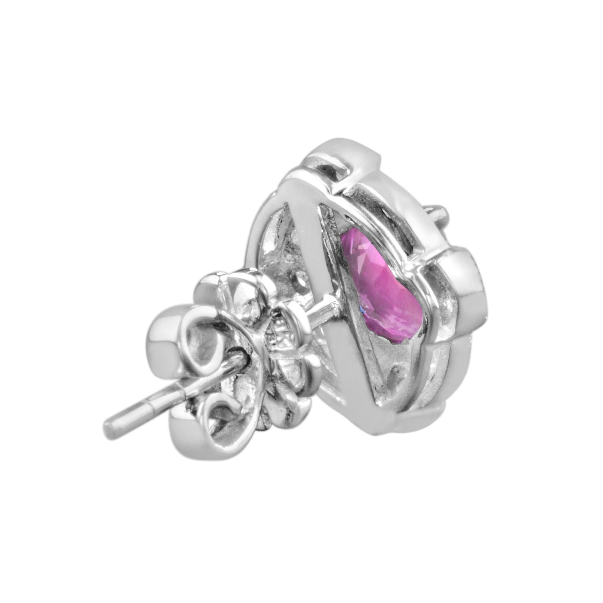 Round Pink Tourmaline & Diamond Halo Set Vintage Style Stud White Gold Earrings