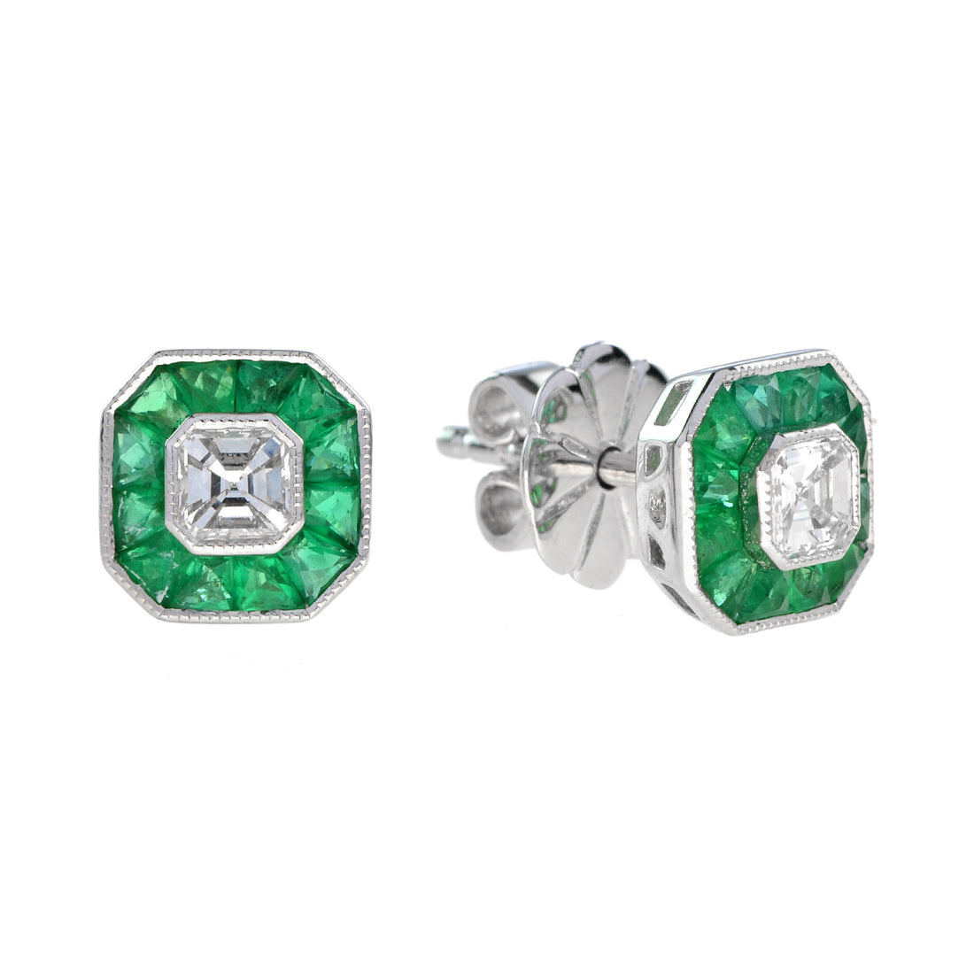 Diamond &amp; Emerald Halo Art Deco Style Octagon Shape White Gold Stud Earrings
