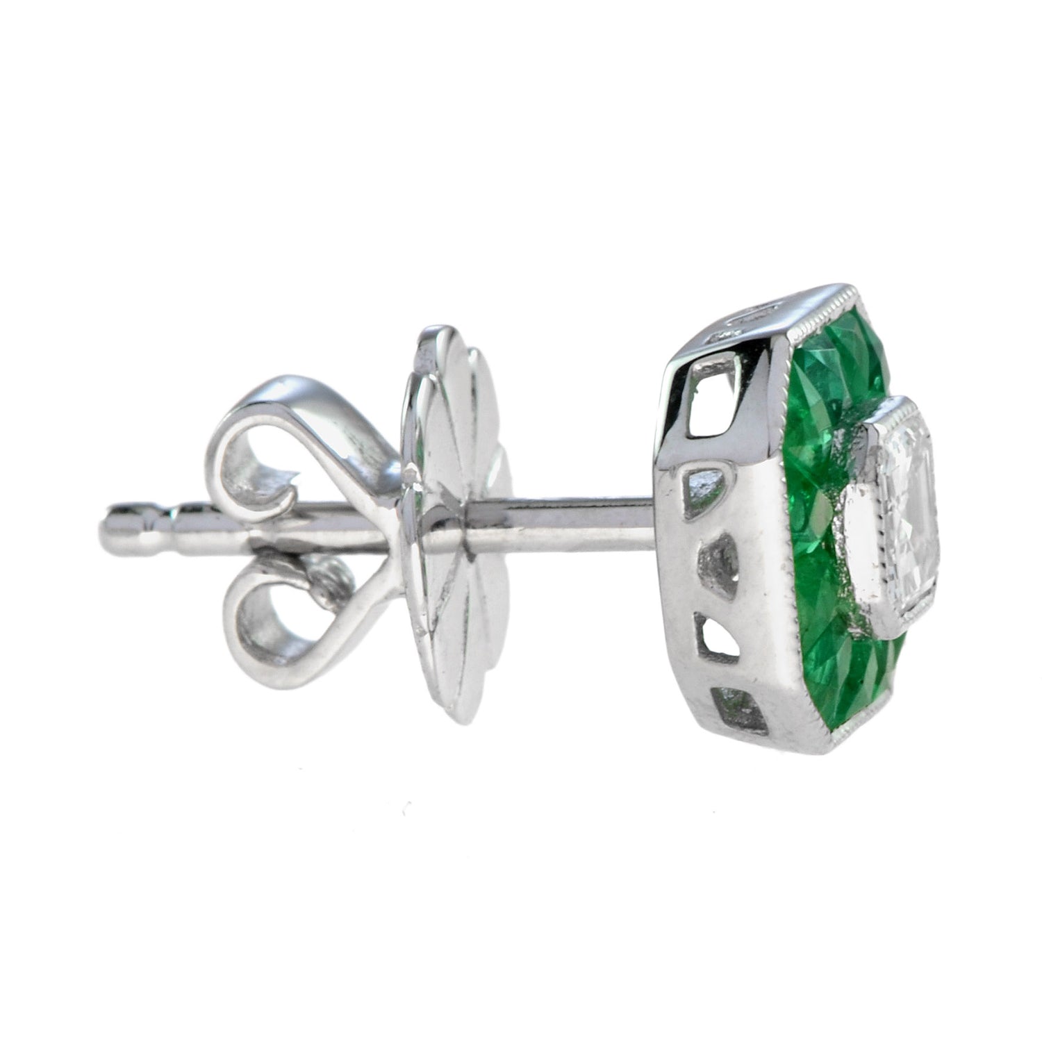 Diamond &amp; Emerald Halo Art Deco Style Octagon Shape White Gold Stud Earrings
