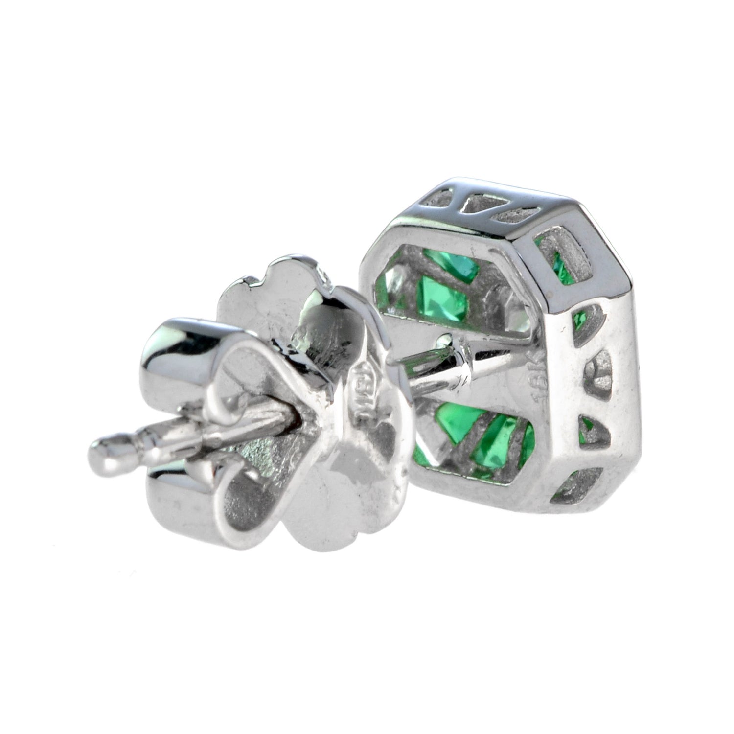 Diamond &amp; Emerald Halo Art Deco Style Octagon Shape White Gold Stud Earrings