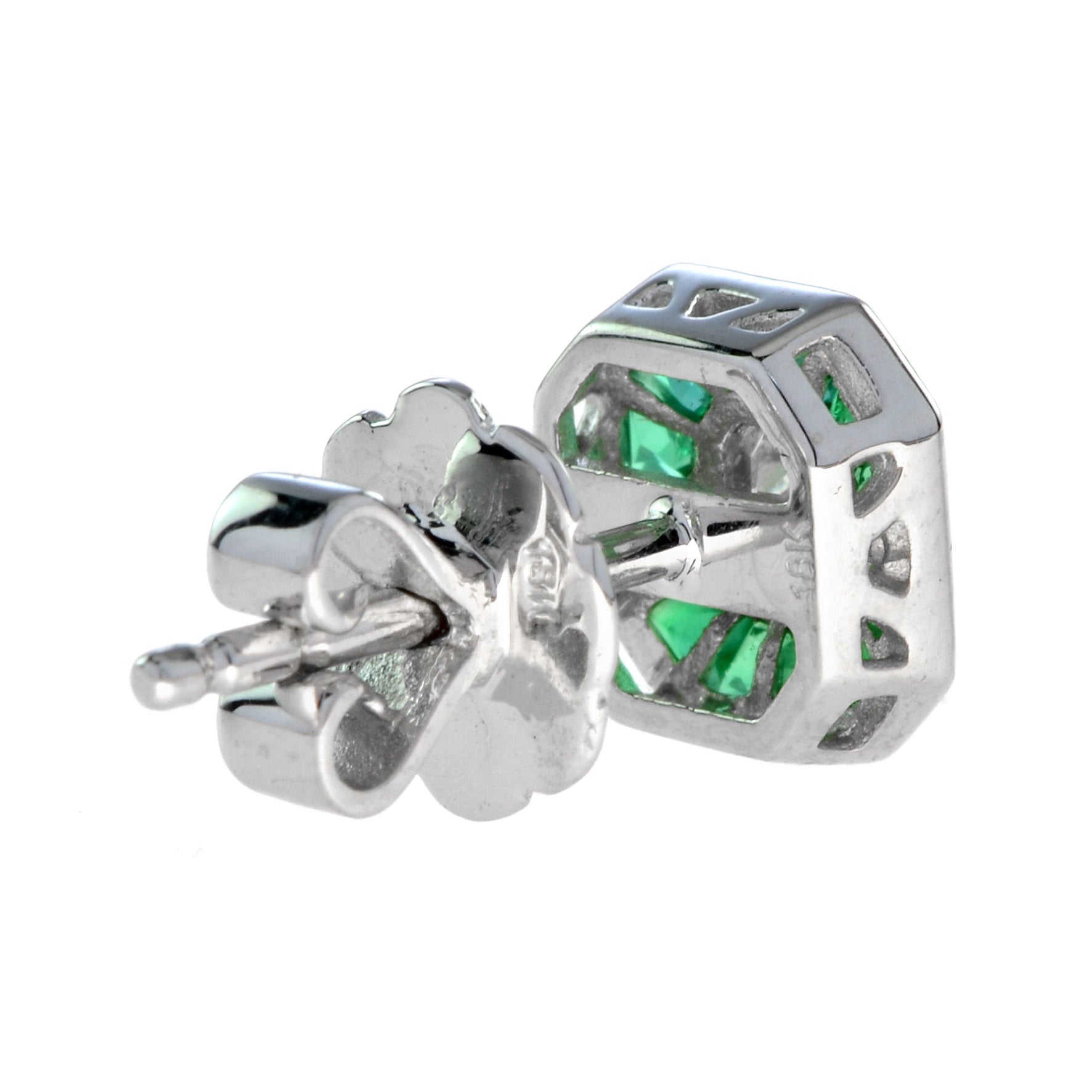 Diamond &amp; Emerald Halo Art Deco Style Octagon Shape White Gold Stud Earrings