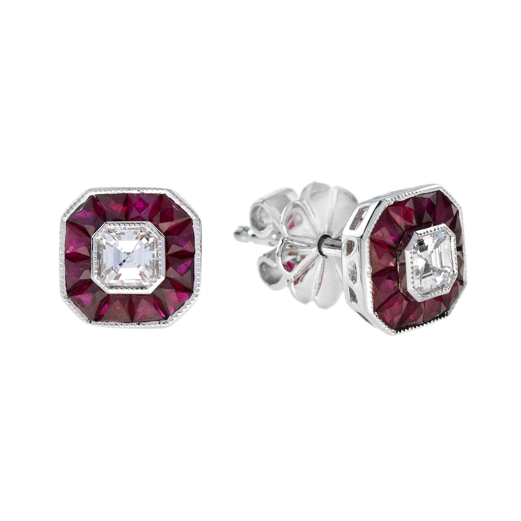 Diamond &amp; Pink Red Ruby Halo Art Deco Style Octagon White Gold Stud Earrings