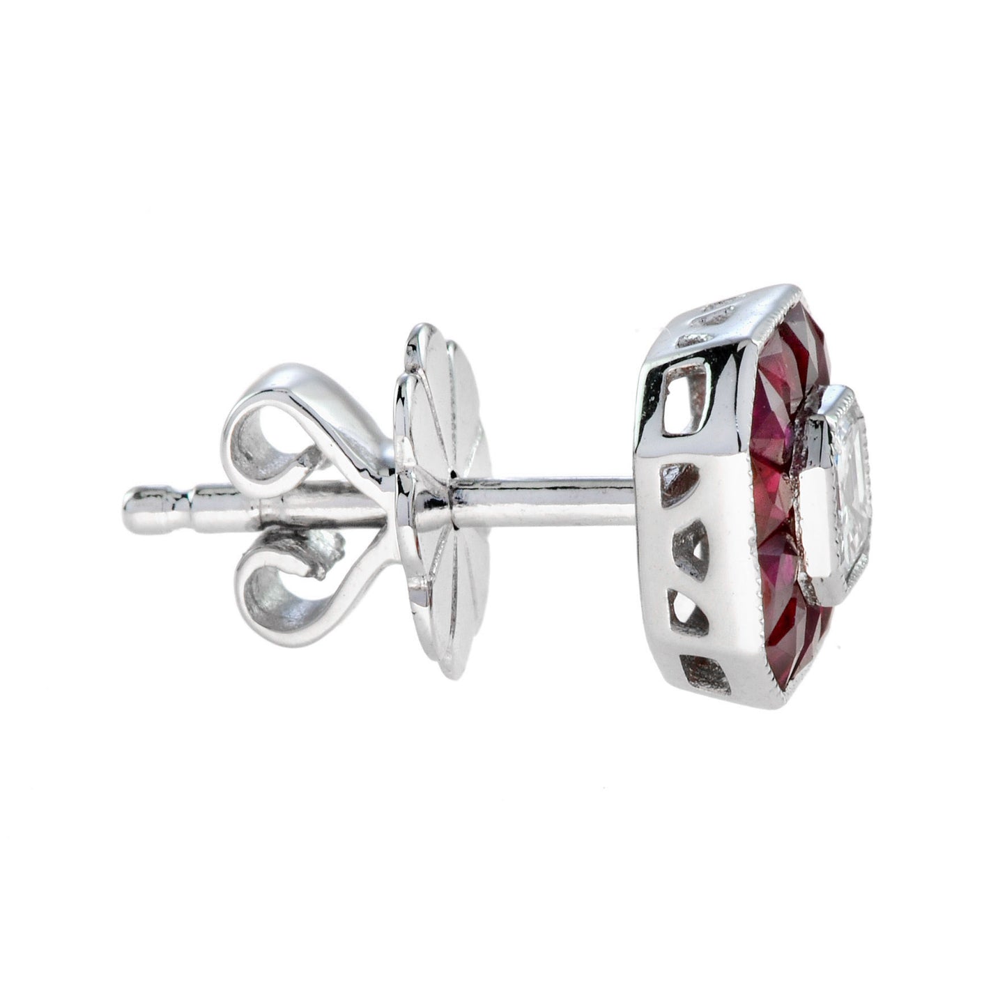 diamond & pink red ruby halo art deco style octagon white gold stud earrings