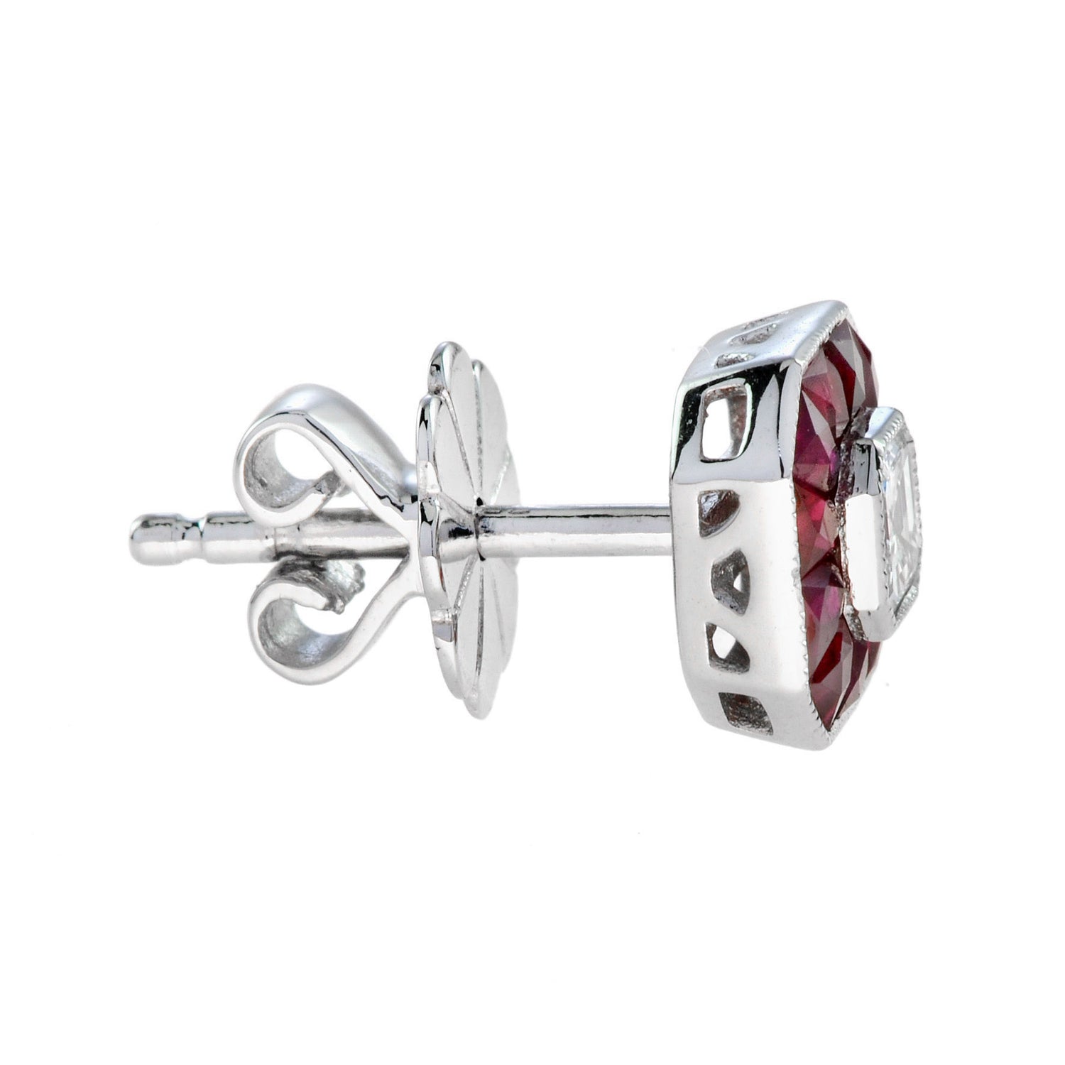 Diamond &amp; Pink Red Ruby Halo Art Deco Style Octagon White Gold Stud Earrings