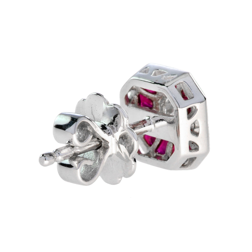 Diamond & Pink Red Ruby Halo Art Deco Style Octagon White Gold Stud Earrings
