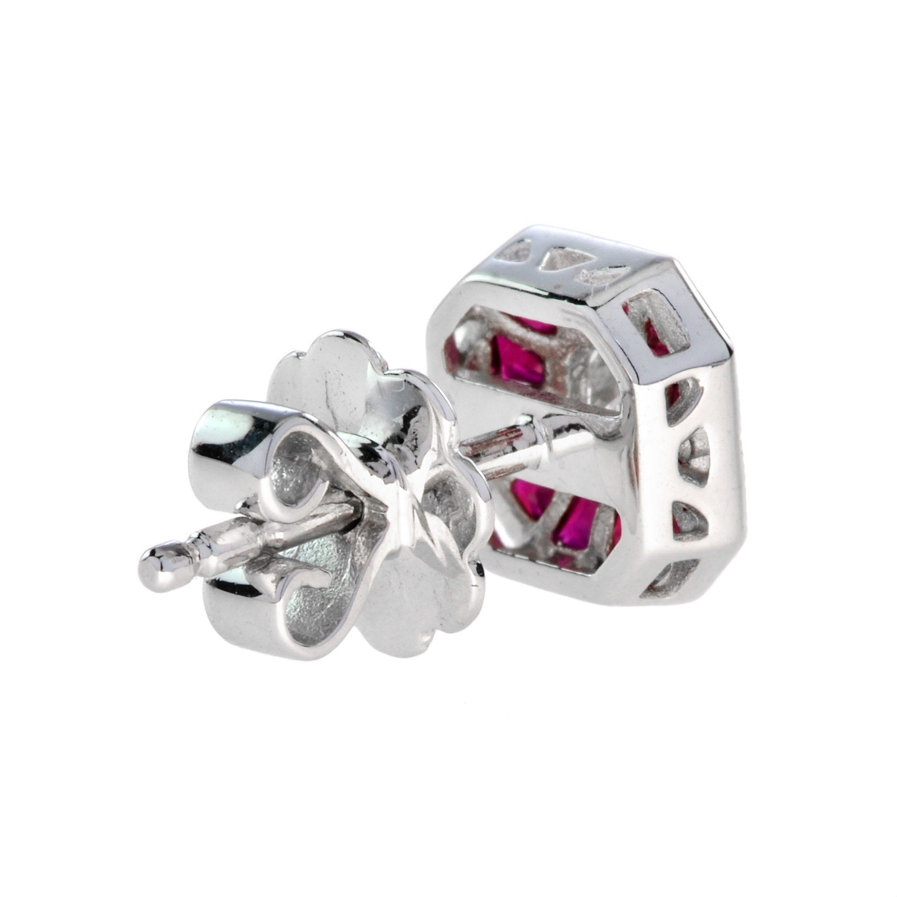 Diamond &amp; Pink Red Ruby Halo Art Deco Style Octagon White Gold Stud Earrings
