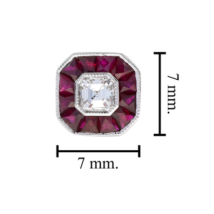 Diamond & Pink Red Ruby Halo Art Deco Style Octagon White Gold Stud Earrings