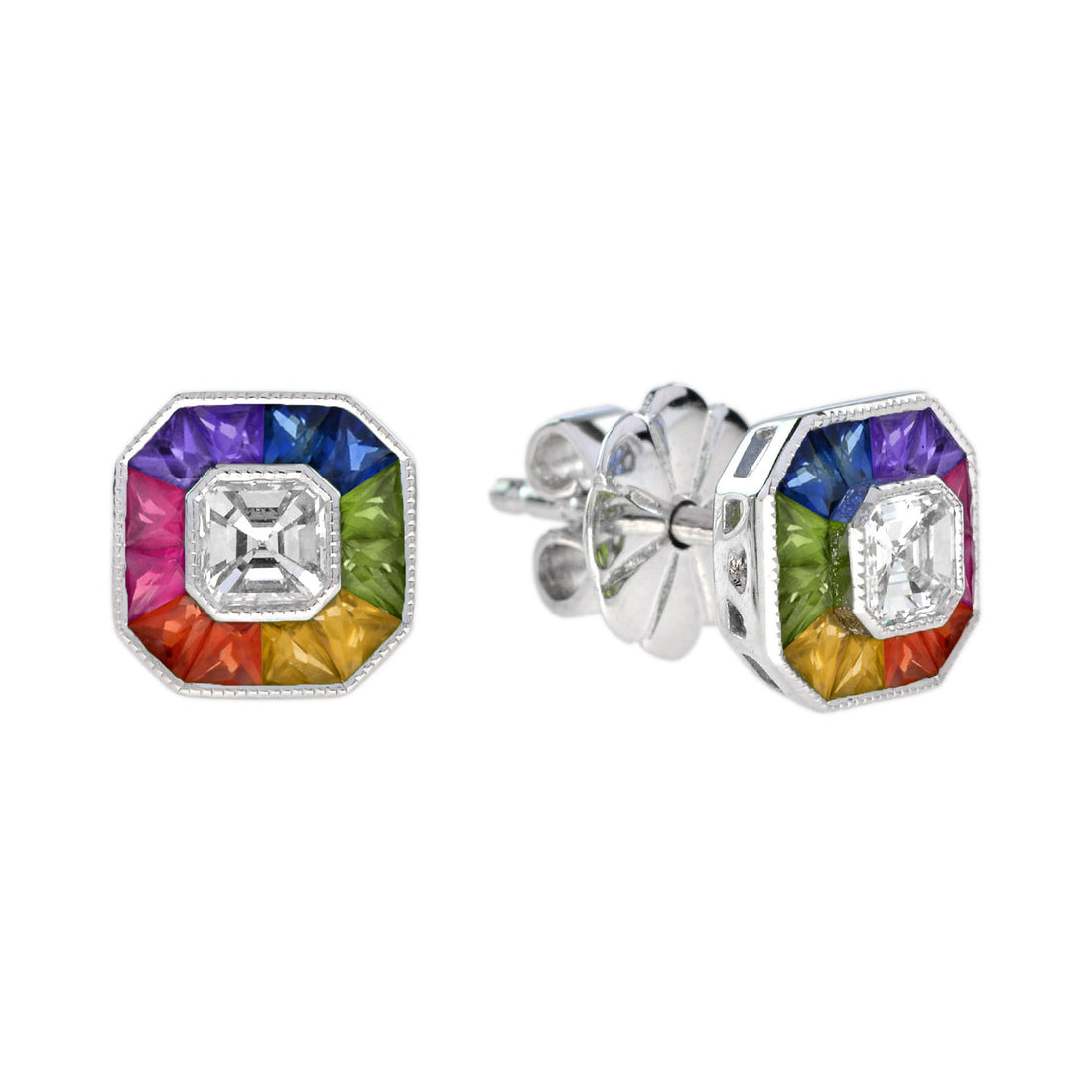 Diamond Rainbow Sapphire Octagon Shape Stud 14K White Gold Earrings