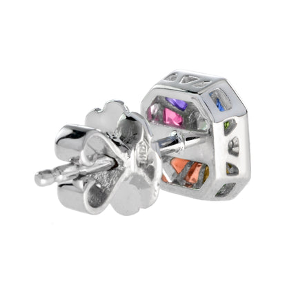 Diamond Rainbow Sapphire Octagon Shape Stud 14K White Gold Earrings