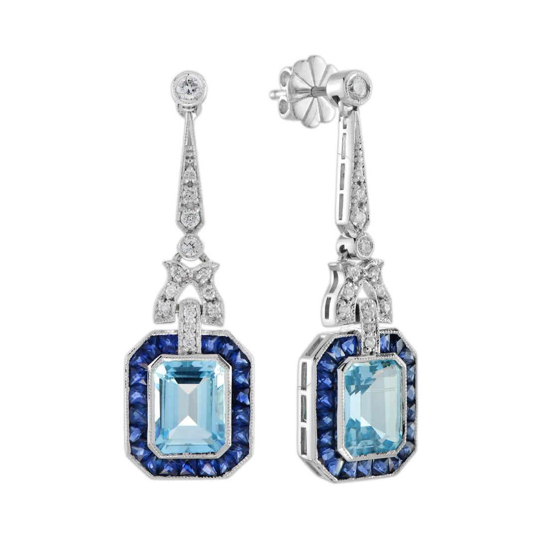 Blue Topaz &amp; Sapphire Diamond Art Deco Style Drop 14K White Gold Earrings