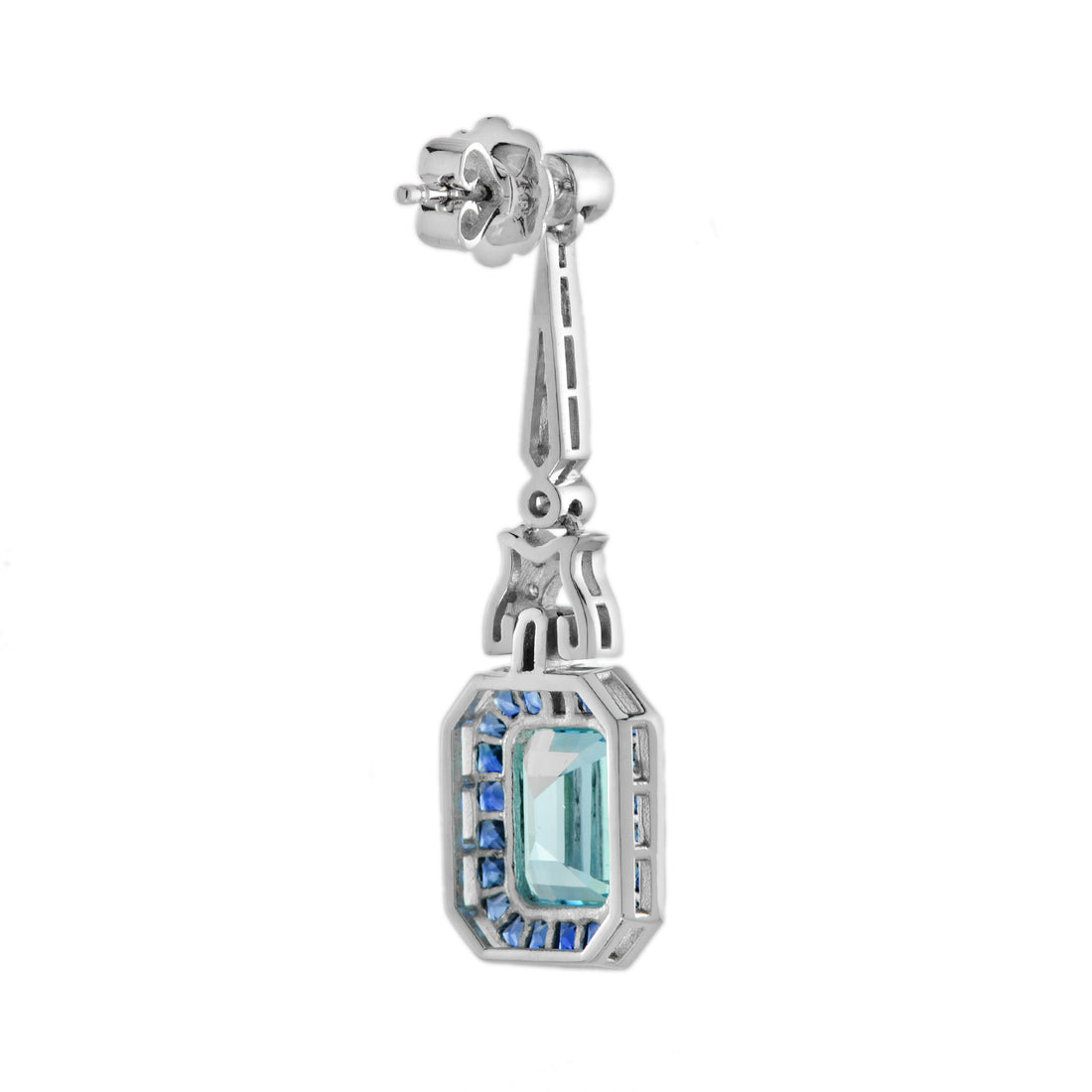 Blue Topaz &amp; Sapphire Diamond Art Deco Style Drop 14K White Gold Earrings