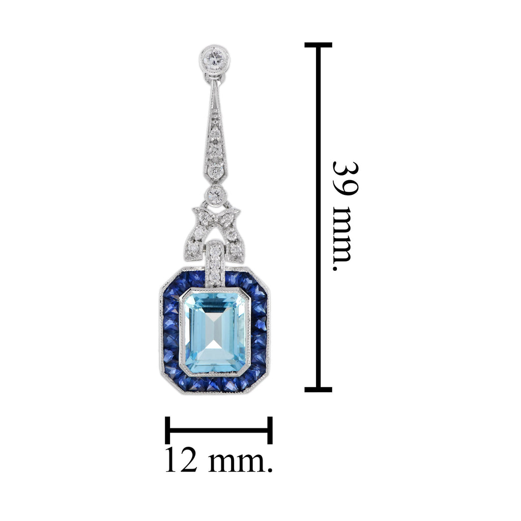 Blue Topaz & Sapphire Diamond Art Deco Style Drop 14K White Gold Earrings