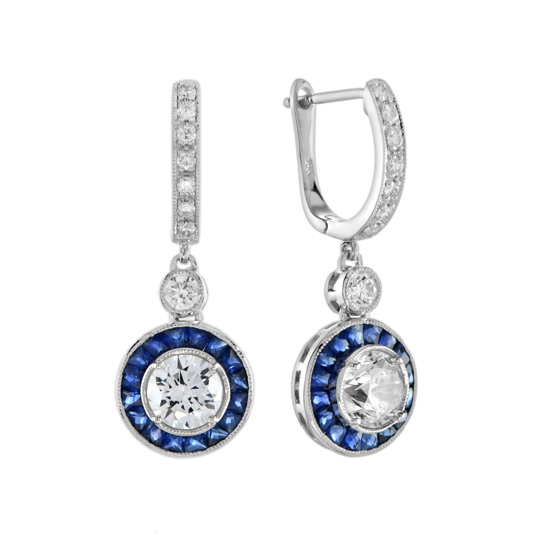 Round Diamond & Blue Sapphire Art Deco Style Drop 14K White Gold Earrings