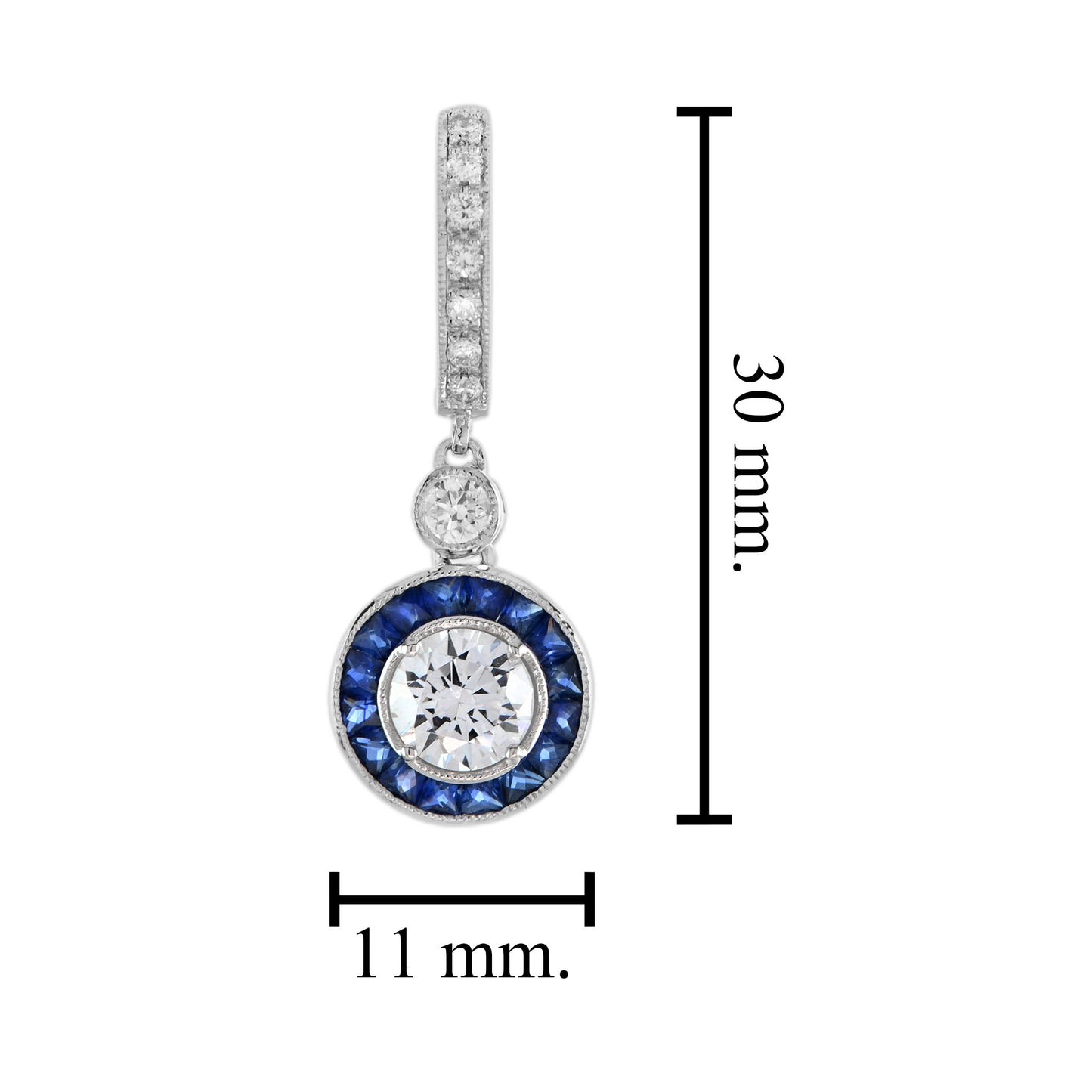 round diamond & blue sapphire art deco style drop 14k white gold earrings