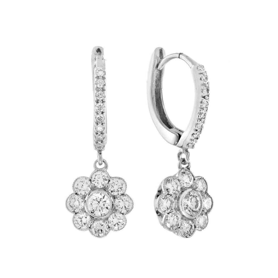 Diamond Flower Floral Vintage Style Drop 14K White Gold Earrings