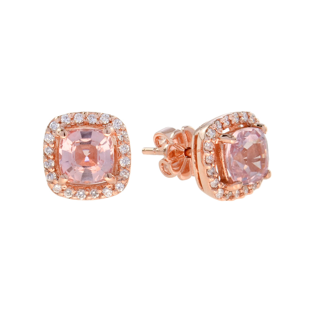 Cushion Peach Pink Morganite & Diamond Lover Ring Pendant Earrings Rose Gold Set
