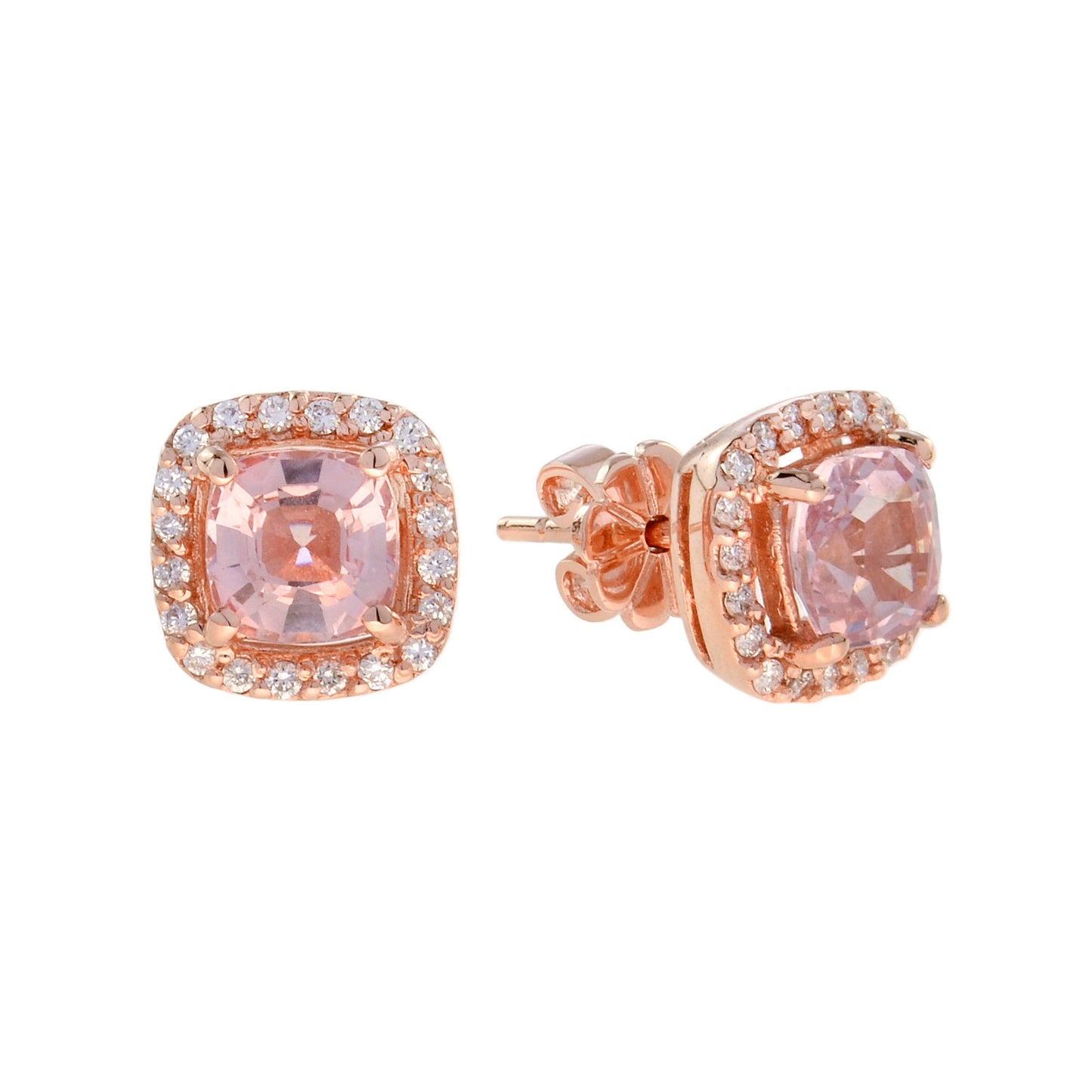 cushion shape morganite & diamond halo set studs 14k rose gold earrings