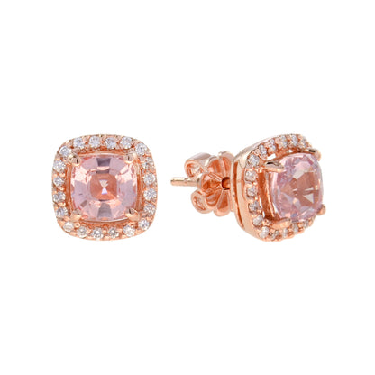 Cushion Shape Morganite & Diamond Halo Set Studs 14K Rose Gold Earrings