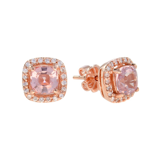 Cushion Shape Morganite & Diamond Halo Set Studs 14K Rose Gold Earrings
