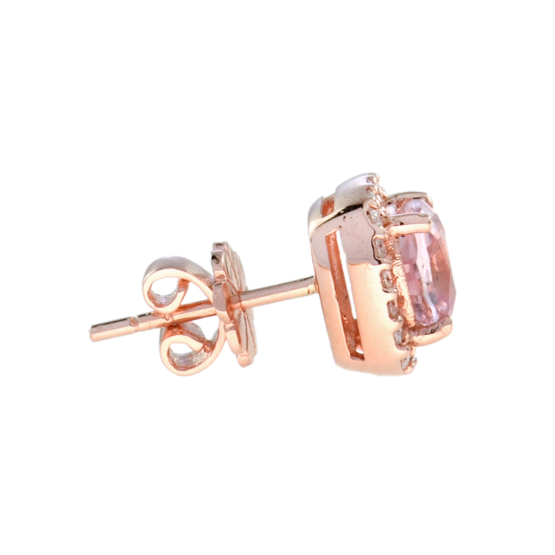 Cushion Shape Morganite & Diamond Halo Set Studs 14K Rose Gold Earrings