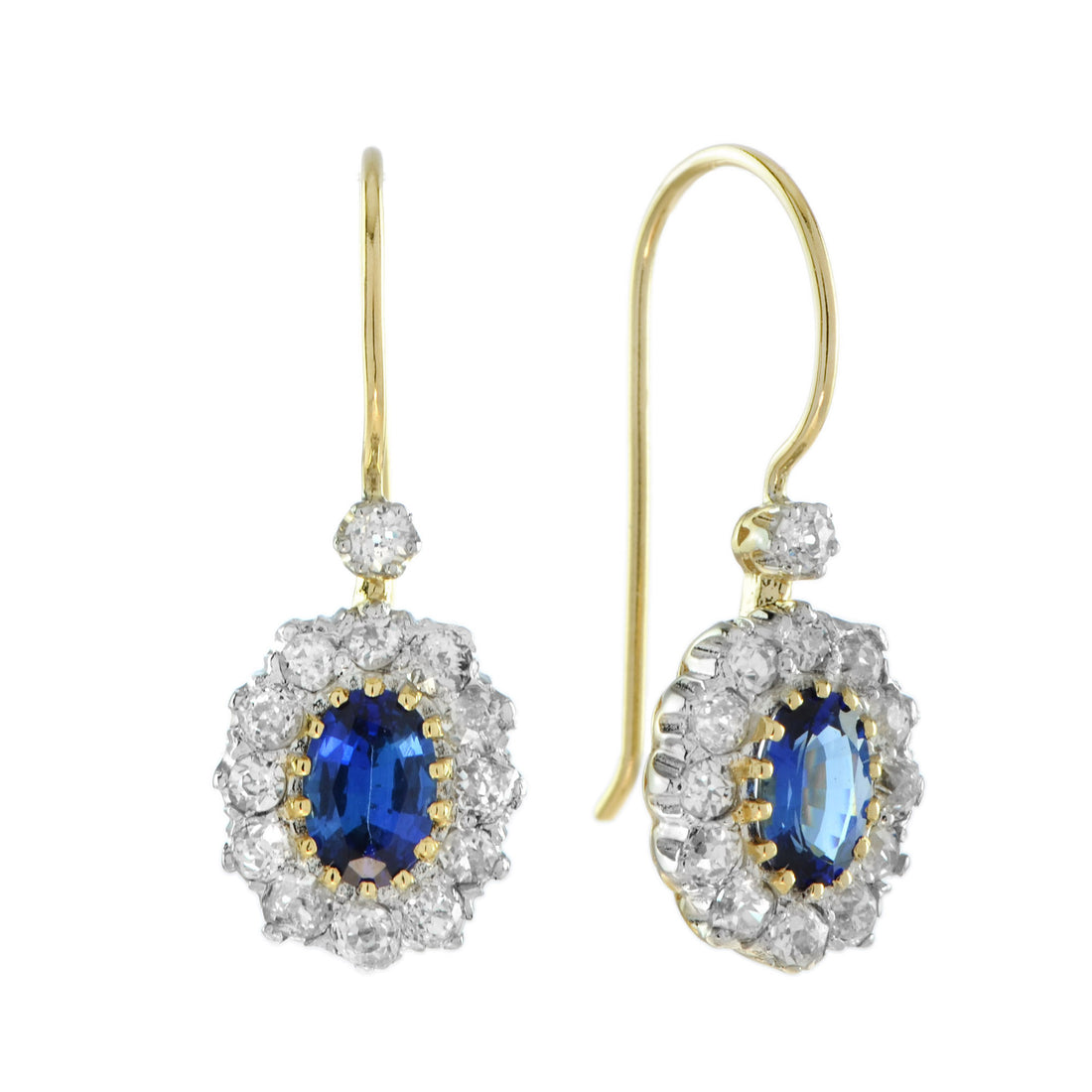 Ceylon Oval Shape Blue Sapphire Diamond Halo Antique Style 18K Gold Earrings