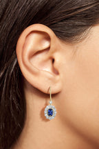 Ceylon Oval Shape Blue Sapphire Diamond Halo Antique Style 18K Gold Earrings