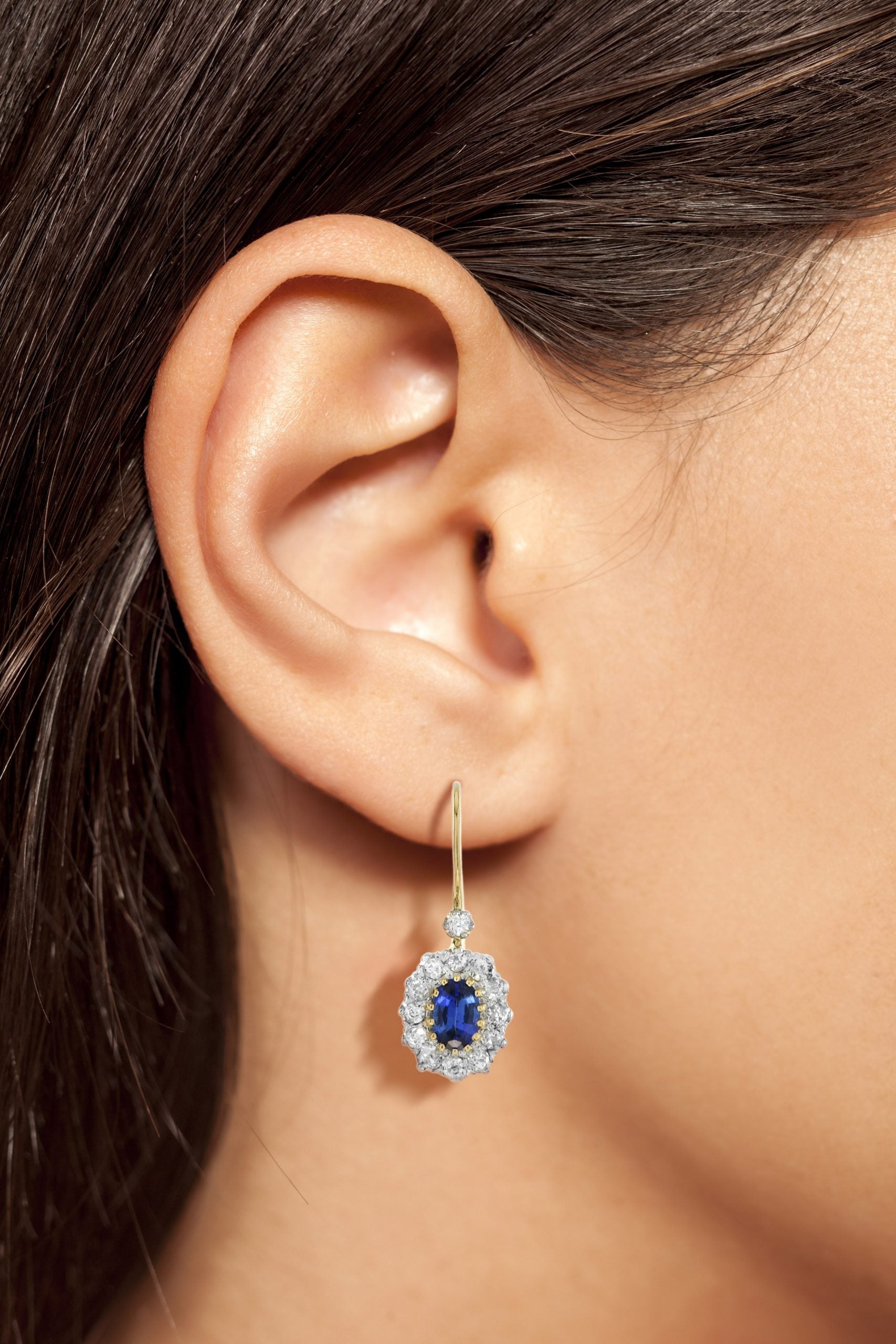 Ceylon Oval Shape Blue Sapphire Diamond Halo Antique Style 18K Gold Earrings