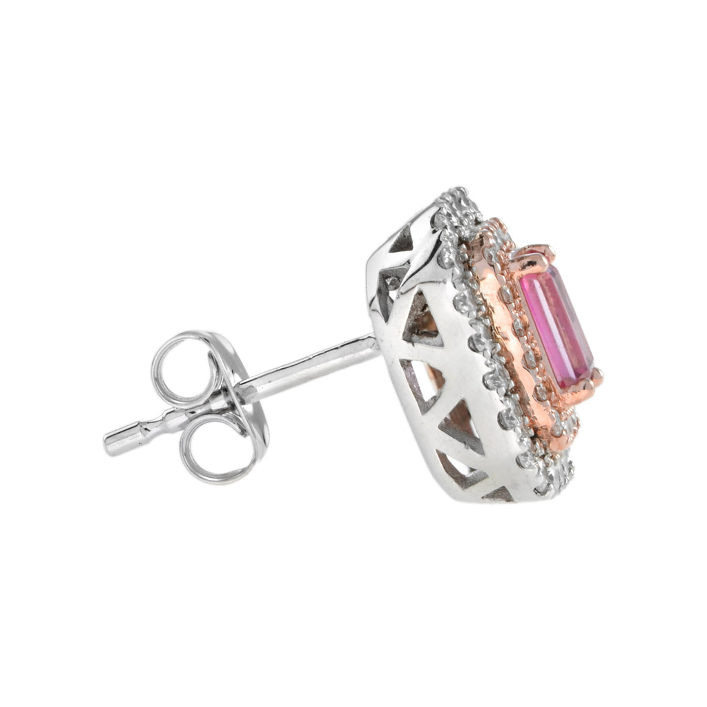 Pink Sapphire & Diamond Double Halo Studs 14K White Rose Earrings