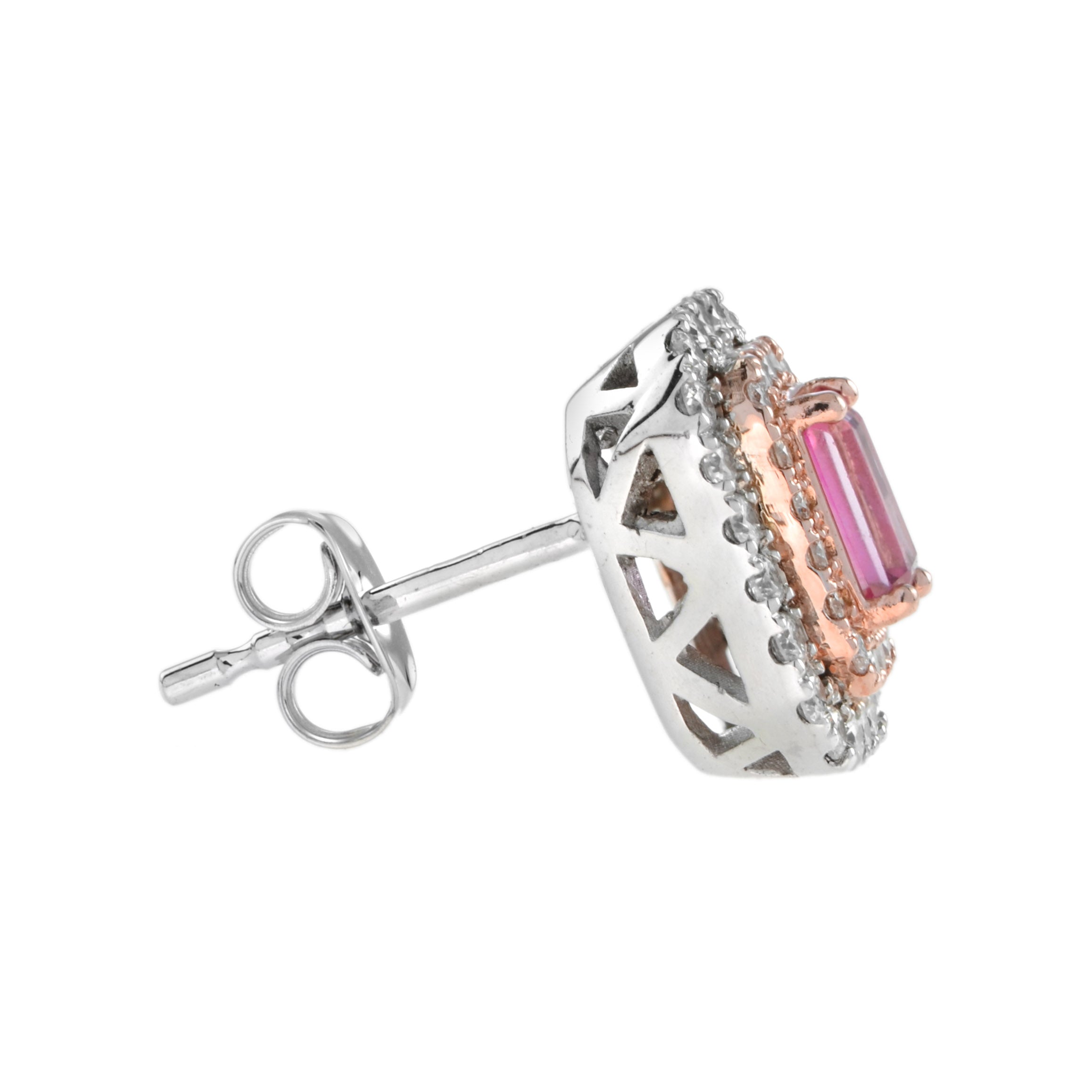 Pink Sapphire &amp; Diamond Double Halo Studs 14K White Rose Earrings