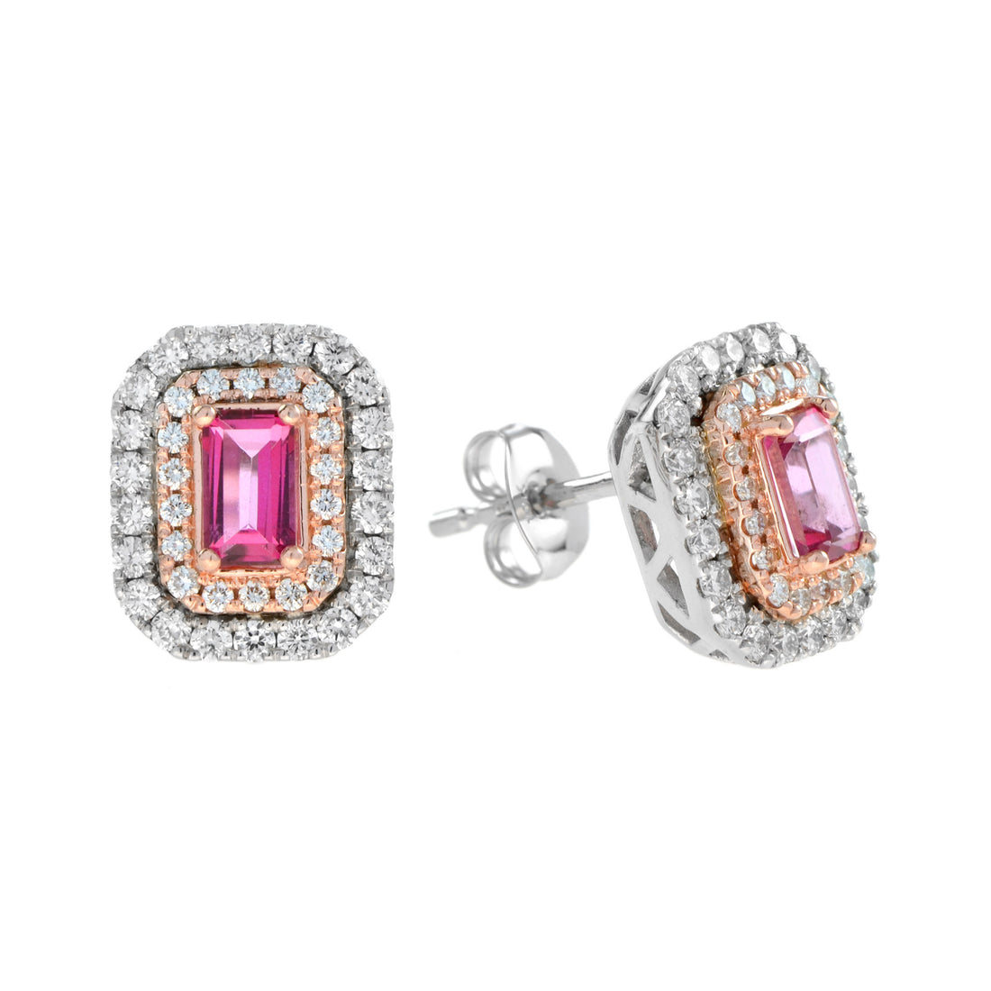 Pink Sapphire & Diamond Double Halo Studs 14K White Rose Earrings