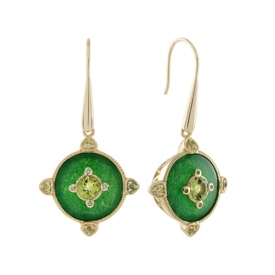 Green Peridot & Jade Vintage Style Drop 14K Yellow Gold Earrings