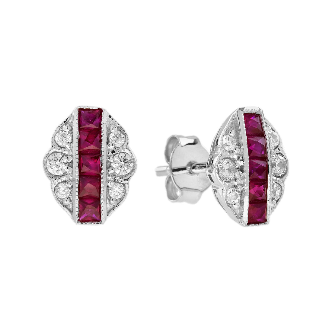 French Cut Ruby & Diamond Art Deco Style Stud White Gold Earrings
