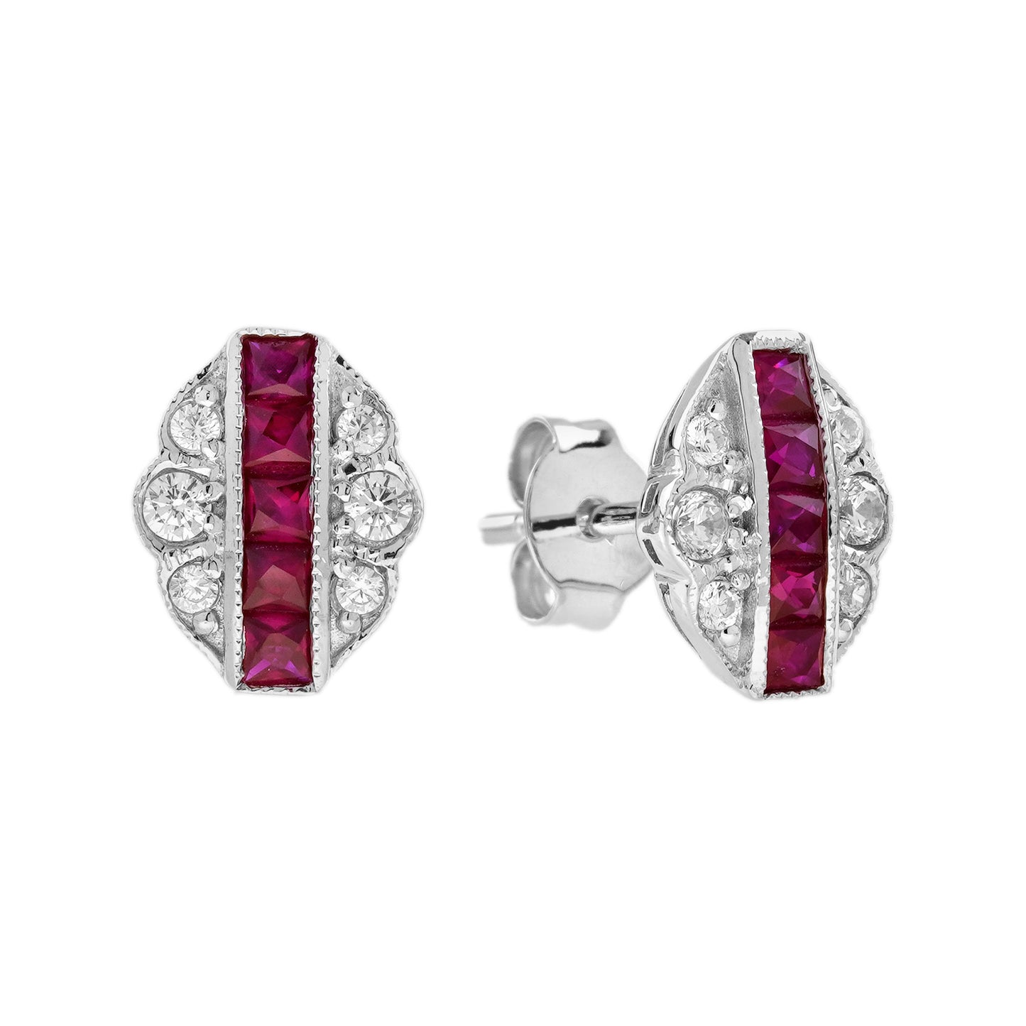 french cut ruby & diamond art deco style stud white gold earrings