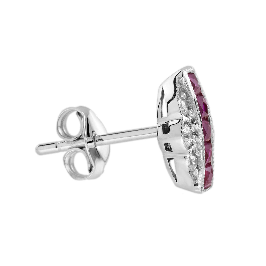French Cut Ruby Diamond Art Deco Style Earrings & Ring Jewelry White Gold Set