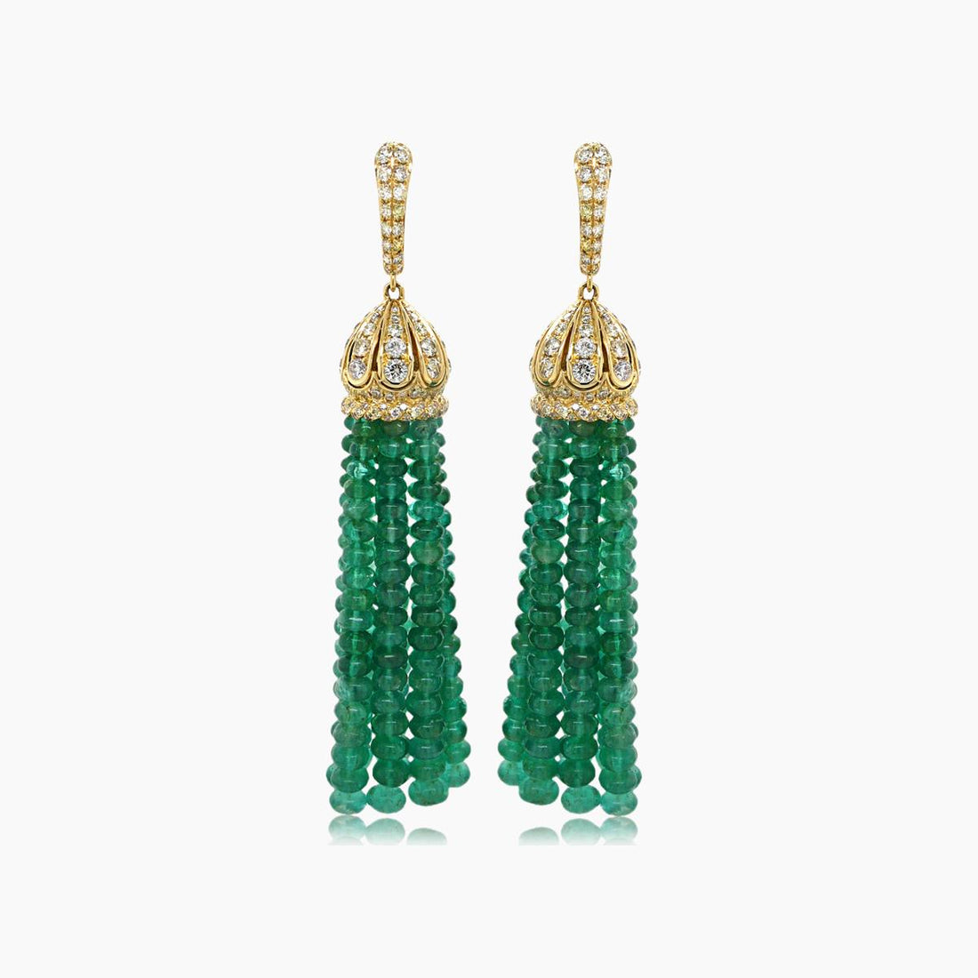 Green Emerald &amp; Fancy Diamond 18K Yellow Gold Tassel Bead Drop Earrings
