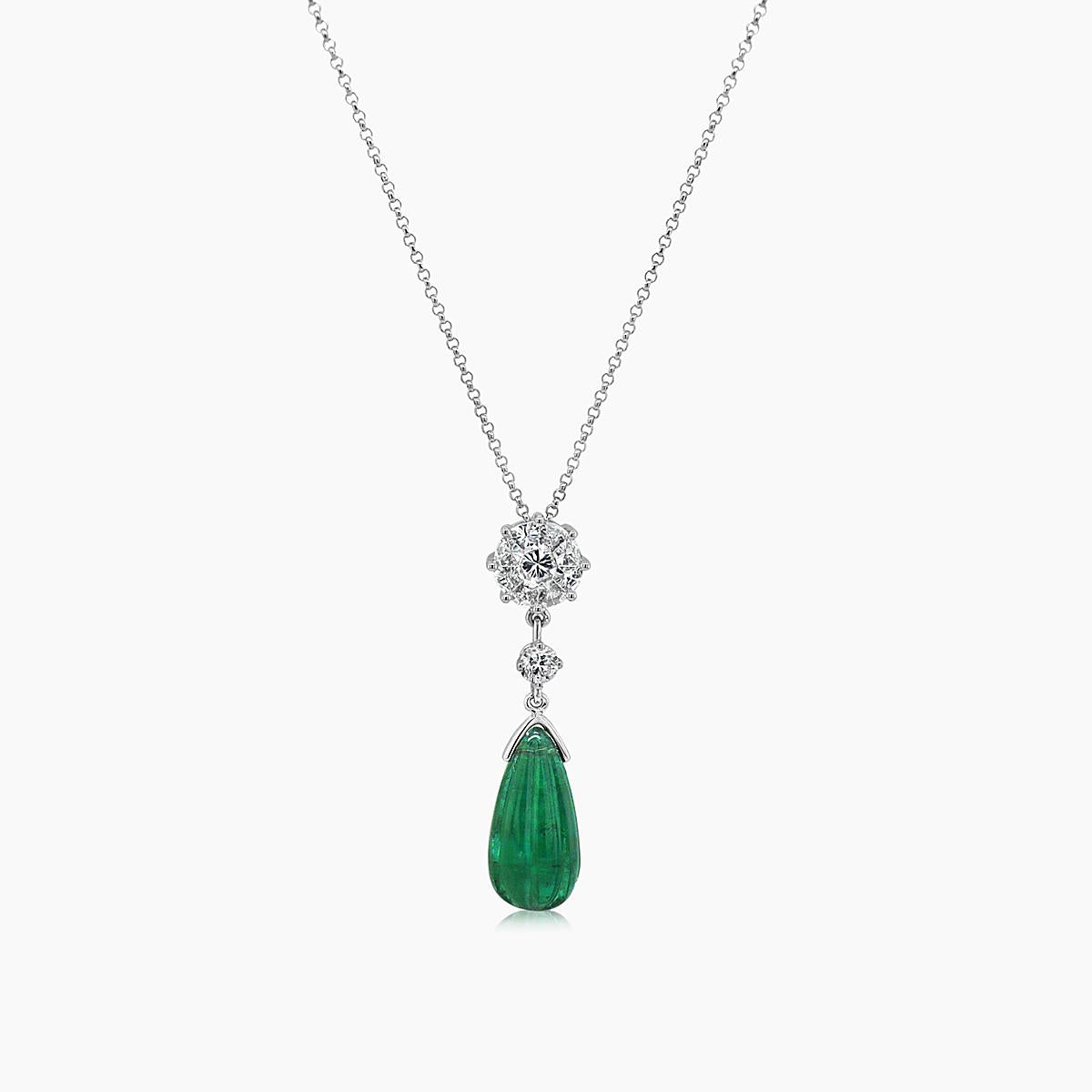 Briolette Green Emerald White Diamond 18K White Gold Pendant Necklace