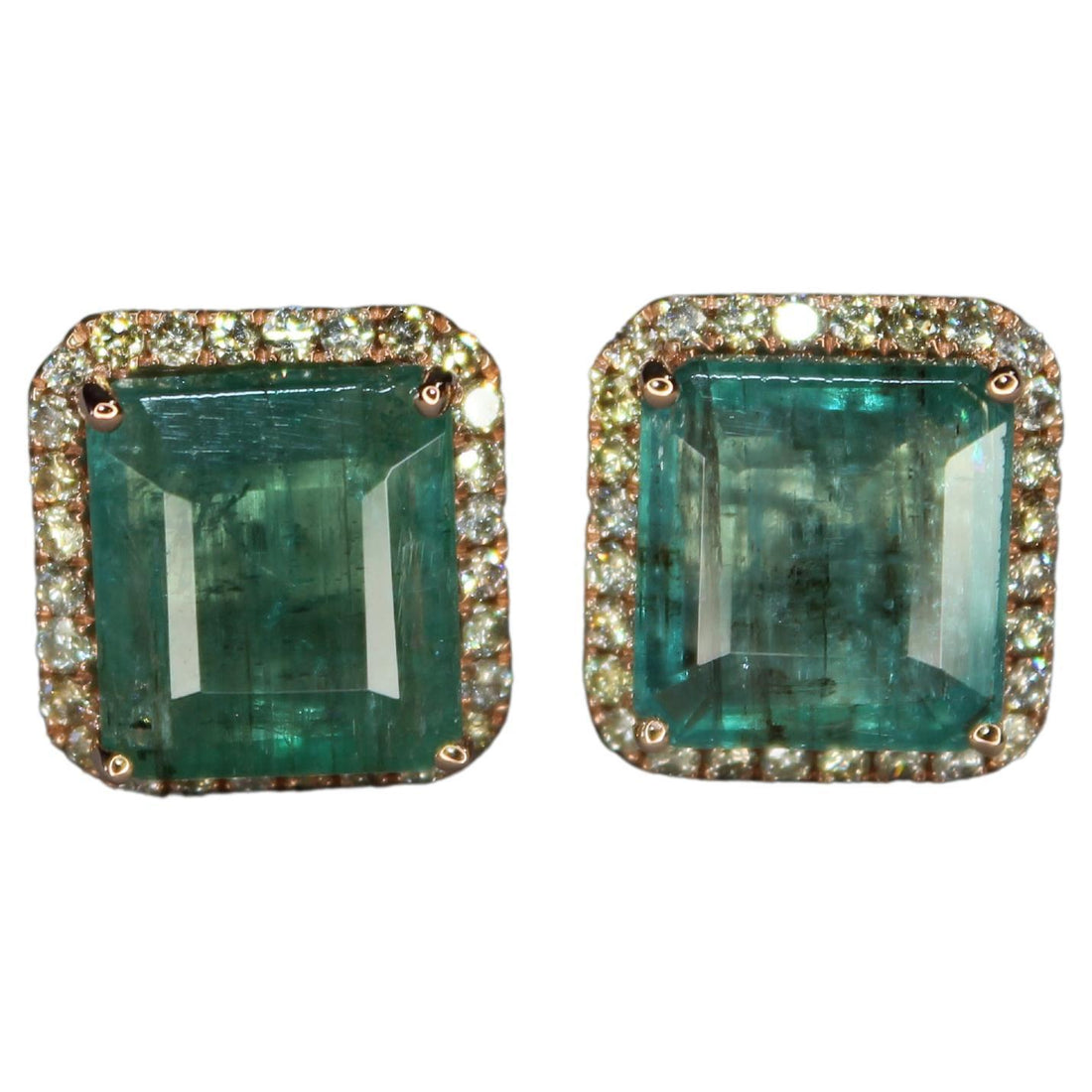 Emerald Cut Green Emerald Diamond Halo Stud 18K Rose Gold Earrings