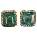 Emerald Cut Green Emerald Diamond Halo Stud 18K Rose Gold Earrings