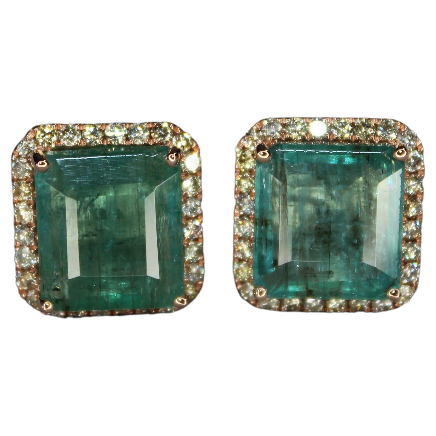 emerald cut green emerald diamond halo stud 18k rose gold earrings